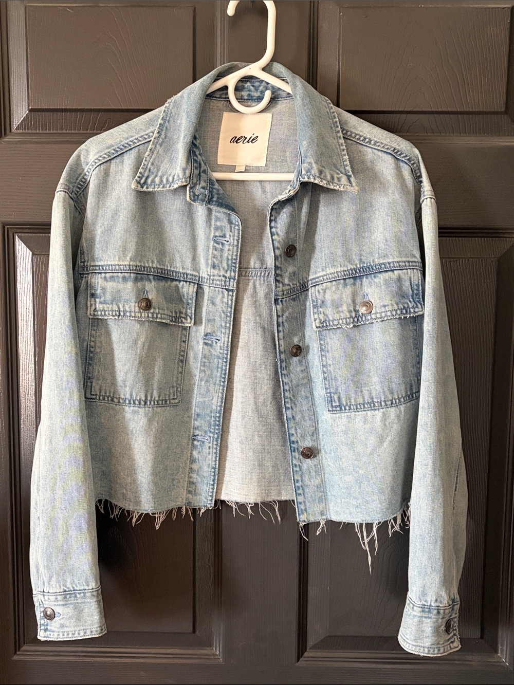 aerie Light Blue Cropped Denim Jacket with Raw Hem